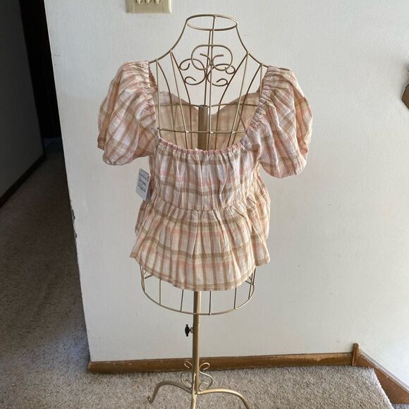 NWT BP beige and pink plaid short sleeve top Size S 100% cotton - Picture 5 of 7